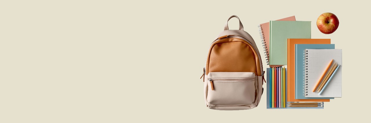 Backpack, notebooks, pencils, apple