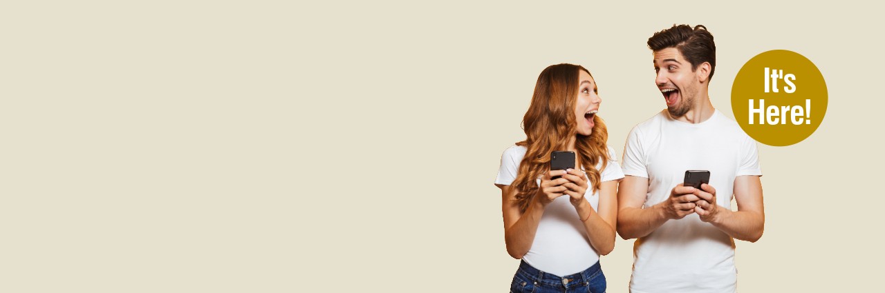woman and man looking at phones with excitement